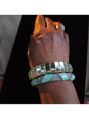 Vintage Blue Enamel & Rhinestones plus Mirrored Tile Bangle Bracelets